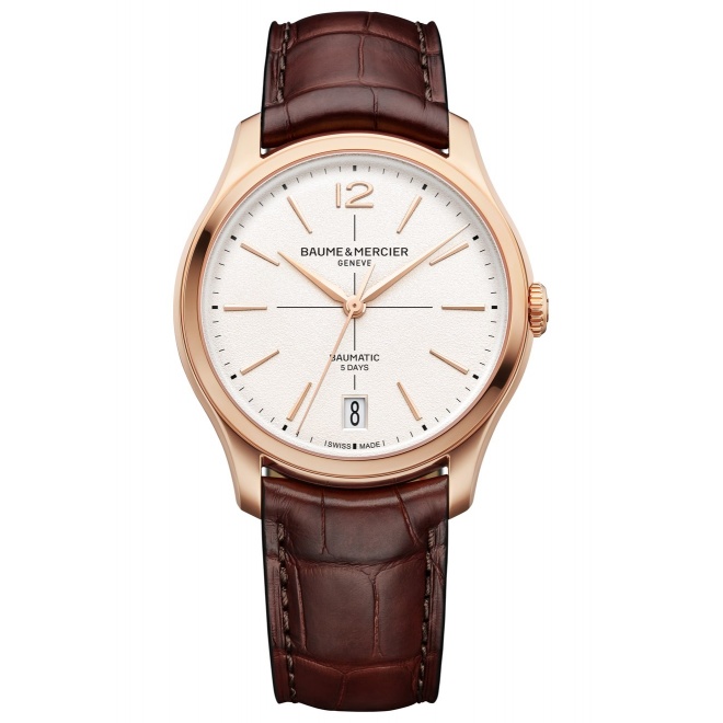 Baume & Mercier Clifton 10802 Automático ∅39 mm - 5 ATM, Esfera blanco roto, correa marrón, caja oro rosa 18kt
