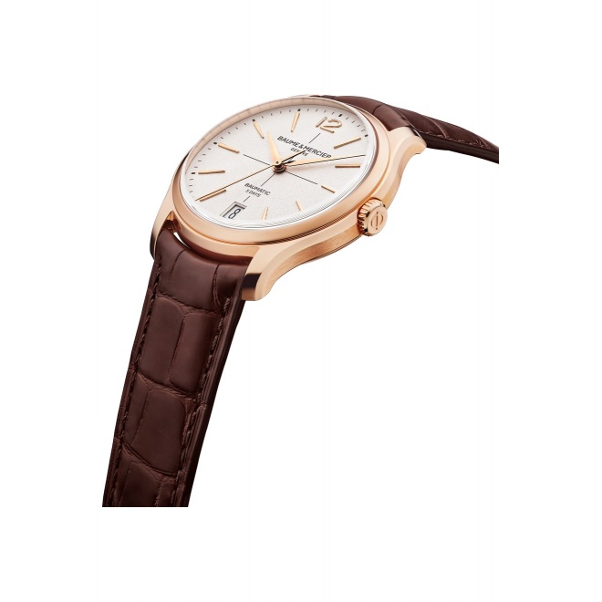 Baume & Mercier Clifton 10802 Automático ∅39 mm - 5 ATM, Esfera blanco roto, correa marrón, caja oro rosa 18kt
