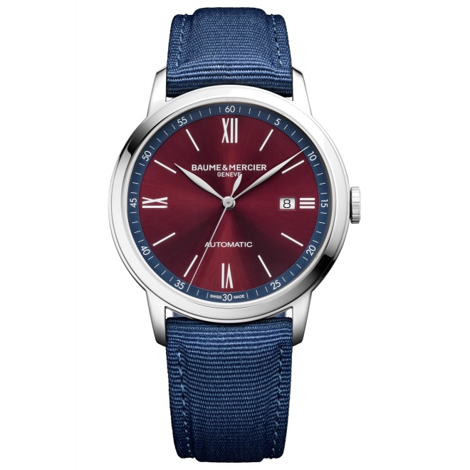 Baume & Mercier Classima 10694 Automático ∅42 mm - 5 ATM, Esfera burdeos, correa de lona azul