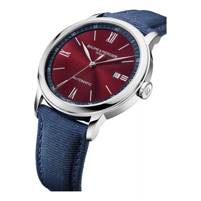 Baume & Mercier Classima 10694 Automático ∅42 mm - 5 ATM, Esfera burdeos, correa de lona azul