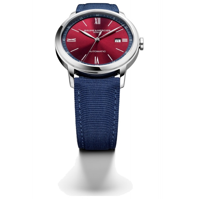 Baume & Mercier Classima 10694 Automático ∅42 mm - 5 ATM, Esfera burdeos, correa de lona azul