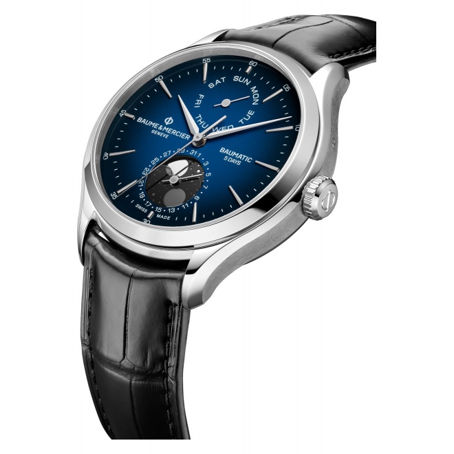 Baume & Mercier Clifton 10593 Automático Con día y Fase Lunar ∅42 mm - 5 ATM, Esfera azul, correa negra