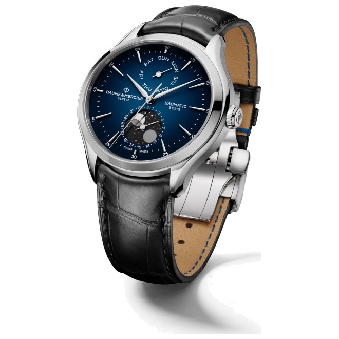 Baume & Mercier Clifton 10593 Automático Con día y Fase Lunar ∅42 mm - 5 ATM, Esfera azul, correa negra