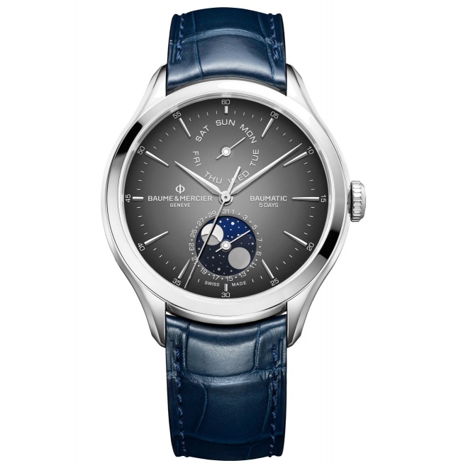 Baume & Mercier Clifton 10548 Automático Con día, fecha y Fase Lunar ∅42 mm - 5 ATM, Esfera gris, correa azul