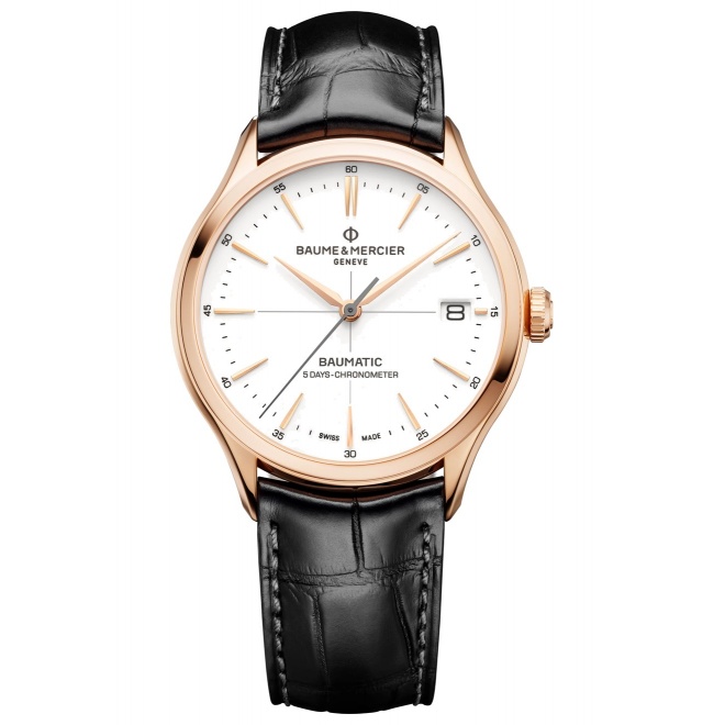 Baume & Mercier Clifton 10469 Automático con Certificado Cosc, oro roj ∅39 mm - 5 ATM, Esfera blanca, correa negra
