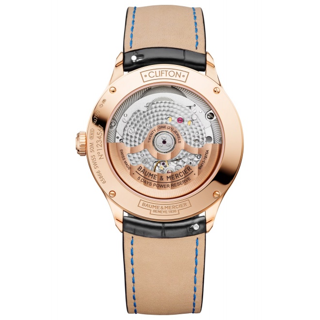 Baume & Mercier Clifton 10469 Automático con Certificado Cosc, oro roj ∅39 mm - 5 ATM, Esfera blanca, correa negra