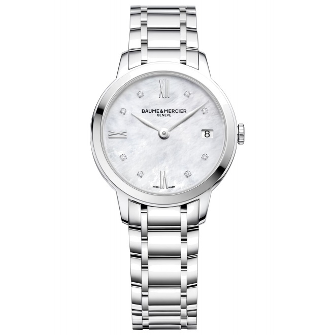 Baume & Mercier Classima 10326 cuarzo, engastado con diamantes ∅31 mm - 5 ATM, Esfera nácar, brazalete de acero