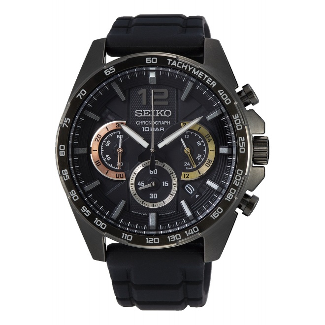 Seiko ∅43,9 mm - 10 ATM, Esfera negra, correa de silicona - SSB349P1