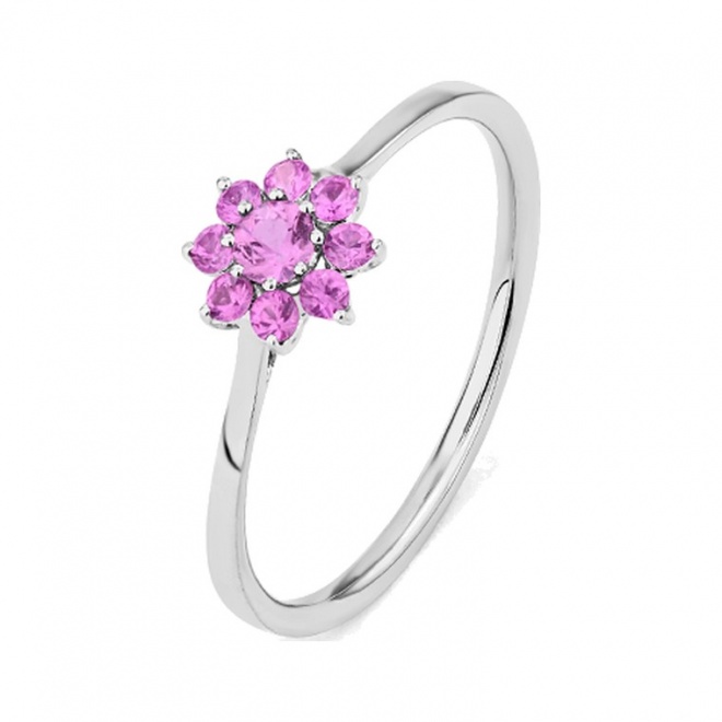 Anillo Rosetón de oro blanco de 18 Kt con zafiros rosas