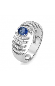 Anillo de oro blanco de 18 Kt con zafiro azul y diamantes