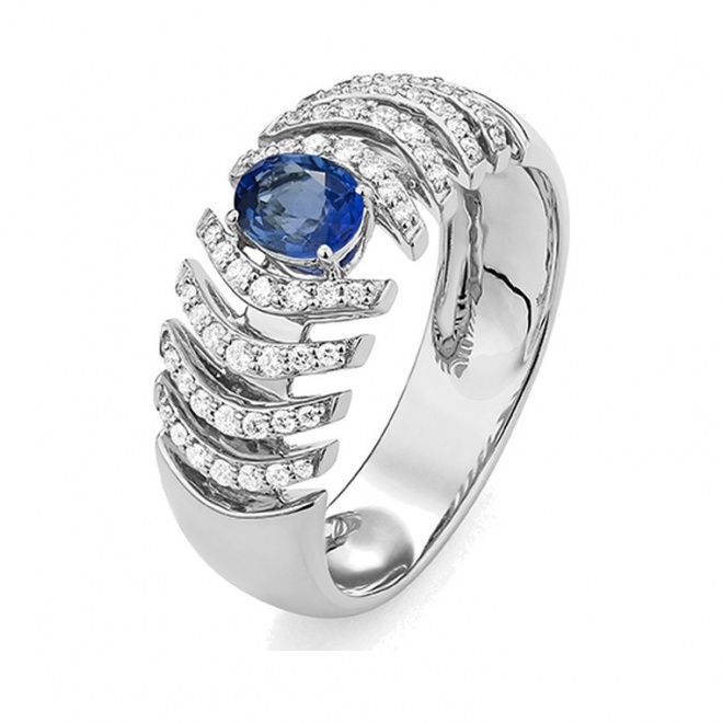 Anillo de oro blanco de 18 Kt con zafiro azul y diamantes