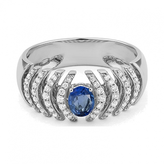 Anillo de oro blanco de 18 Kt con zafiro azul y diamantes