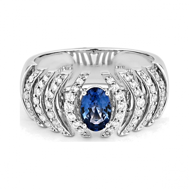 Anillo de oro blanco de 18 Kt con zafiro azul y diamantes