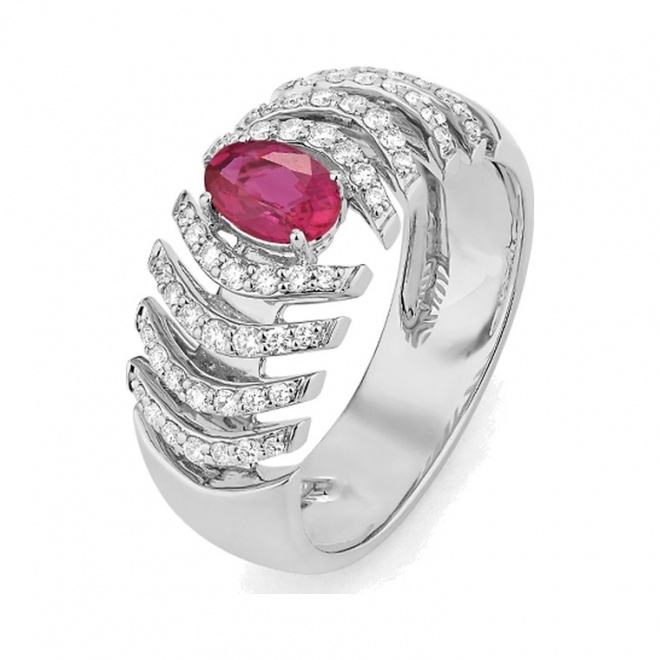 Anillo de oro blanco de 18 Kt con rubí y diamantes