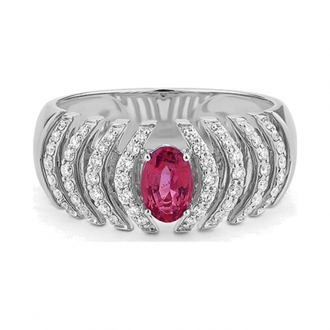 Anillo de oro blanco de 18 Kt con rubí y diamantes