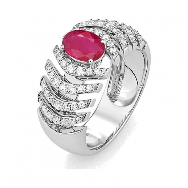 Anillo de oro blanco de 18 Kt con rubí y diamantes