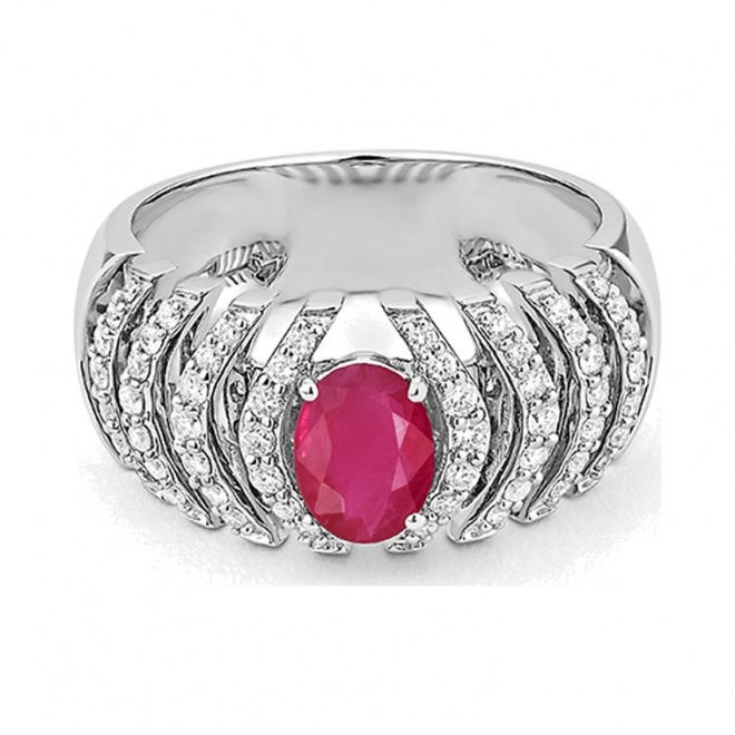 Anillo de oro blanco de 18 Kt con rubí y diamantes