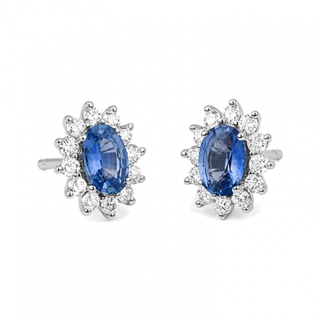 Pendientes de oro blanco de 18 Kt con zafiro azul y diamantes
