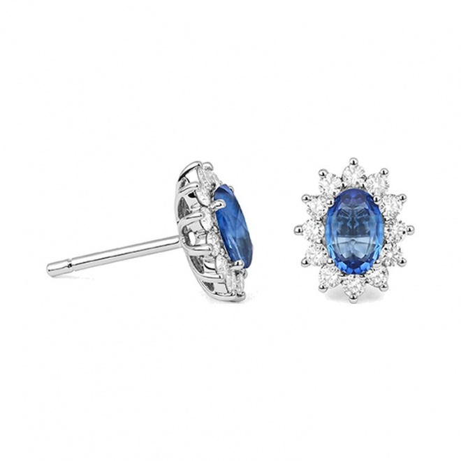 Pendientes de oro blanco de 18 Kt con zafiro azul y diamantes