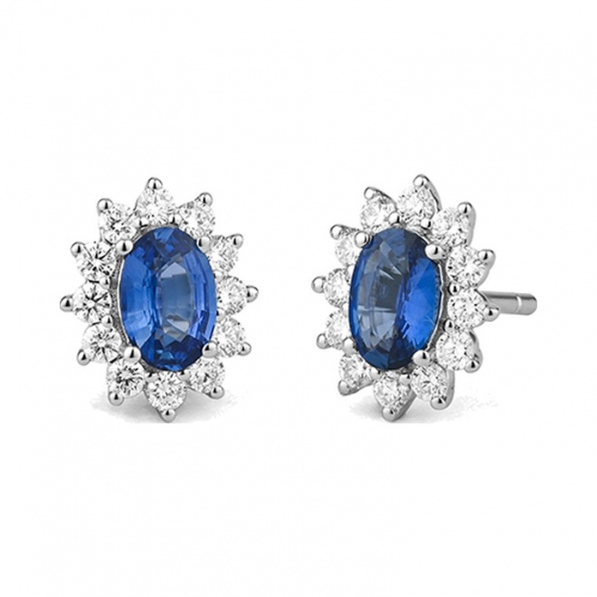 Pendientes de oro blanco de 18 Kt con zafiro azul y diamantes