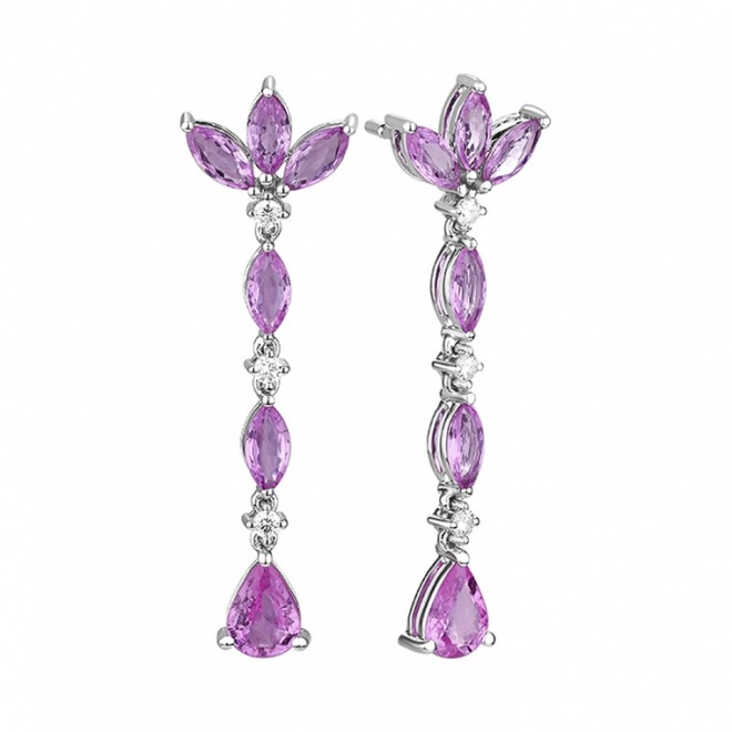 Pendientes Largos de oro blanco de 18 Kt con zafiros rosas de 5,45 ct y diamantes de 0,22 ct