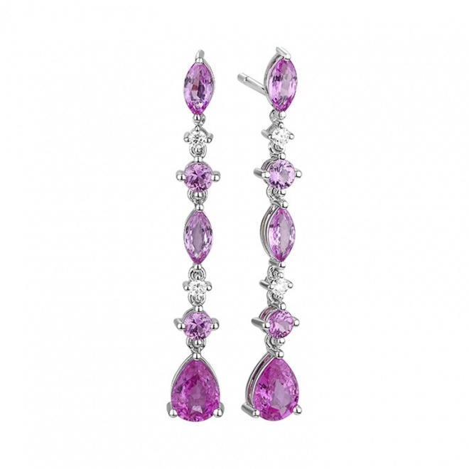 Pendientes Largos de oro blanco de 18 Kt con zafiros rosas de 3,84 ct y diamantes de 0,13 ct