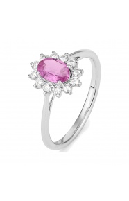 Anillo de oro blanco de 18 Kt con zafiro rosa y diamantes
