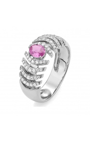 Anillo de oro blanco de 18 Kt con zafiro rosa y diamantes