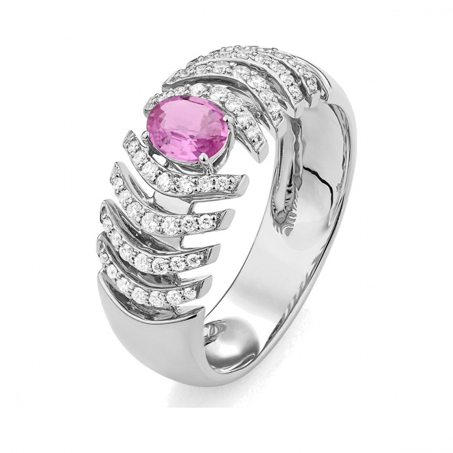 Anillo de oro blanco de 18 Kt con zafiro rosa y diamantes