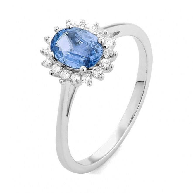 Anillo de oro blanco de 18 Kt con zafiro azul de 1,05 ct y diamantes de 0,15 ct