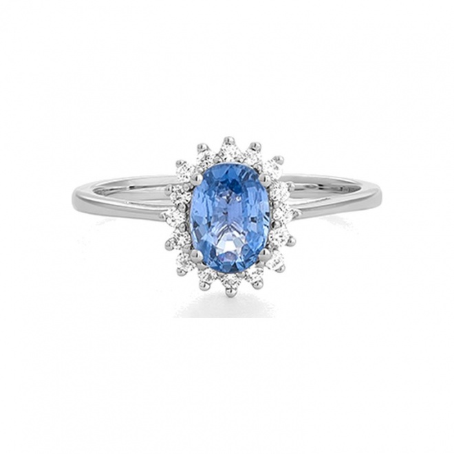 Anillo de oro blanco de 18 Kt con zafiro azul de 1,05 ct y diamantes de 0,15 ct