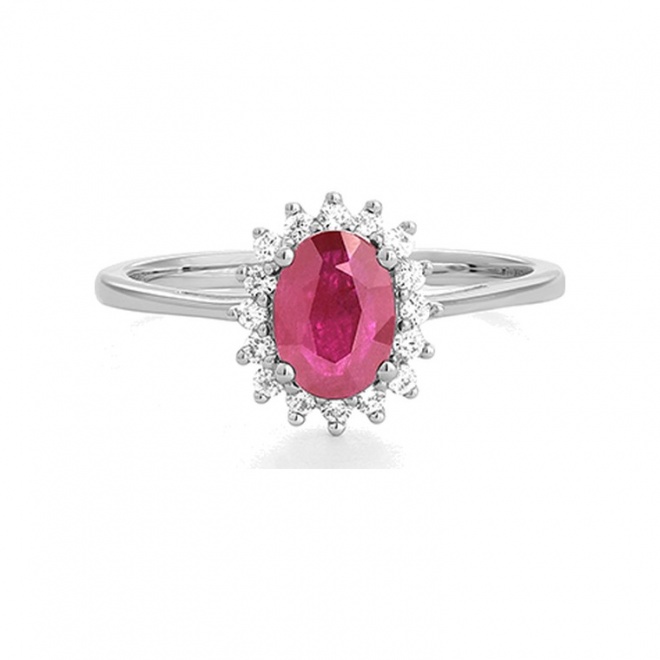 Anillo de oro blanco de 18 Kt con rubí de 1,10 ct y diamantes de 0,15 ct
