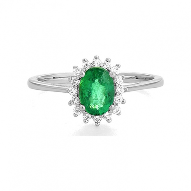 Anillo de oro blanco de 18 Kt con esmeralda de 0,80 ct y diamantes de 0,15 ct