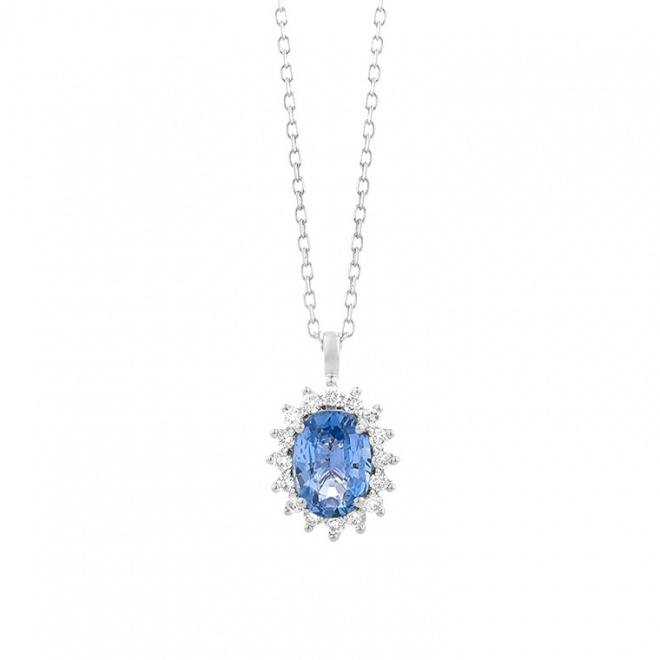 Colgante de oro blanco de 18 Kt con zafiro azul de 1,05 ct y diamantes de 0,15 ct