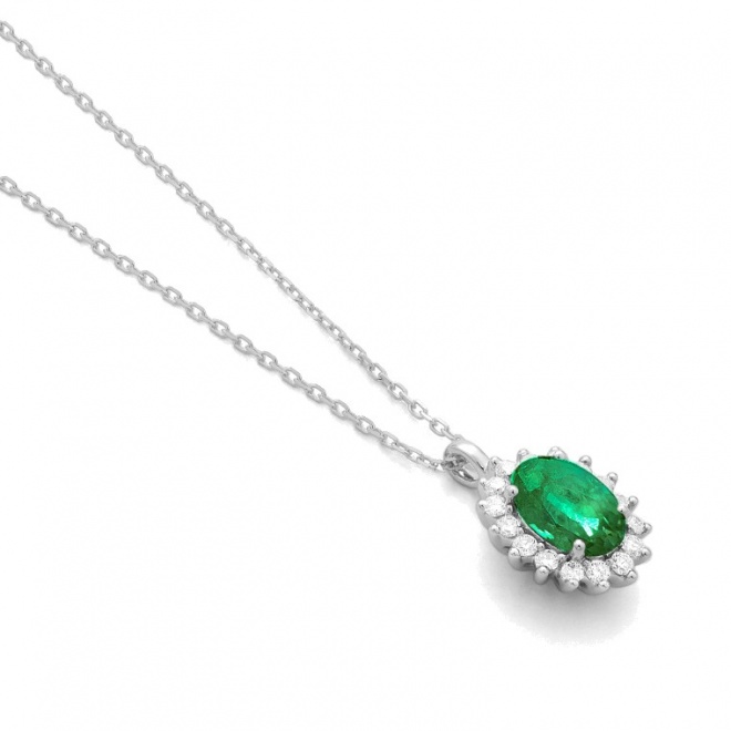 Colgante de oro blanco de 18 Kt con esmeralda de 0,80 ct y diamantes de 0,15 ct