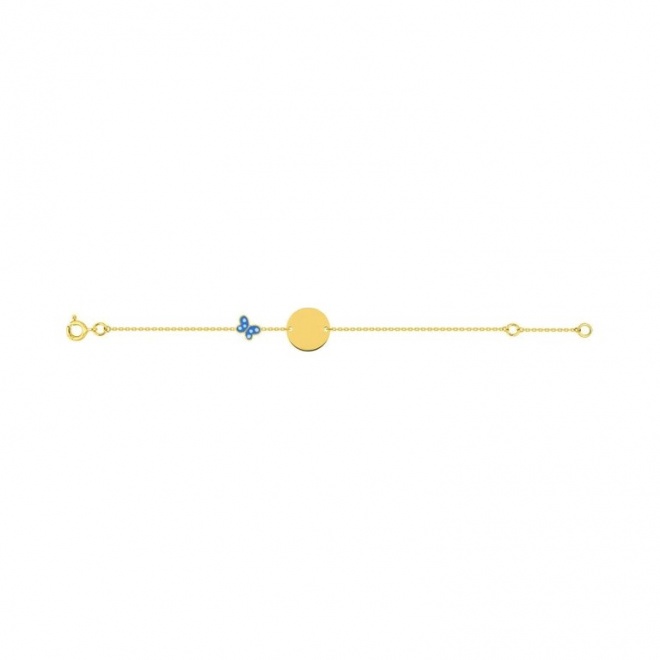 Pulsera infantil de oro amarillo de 18 Kt con esmalte, disco y mariposa