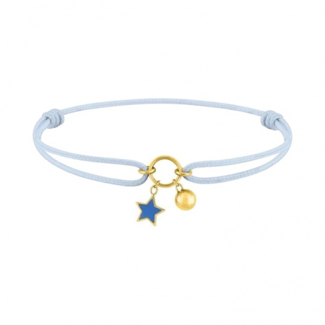 Pulsera infantil de oro amarillo de 18 Kt y cordón azul, estrella esmaltada y bolita
