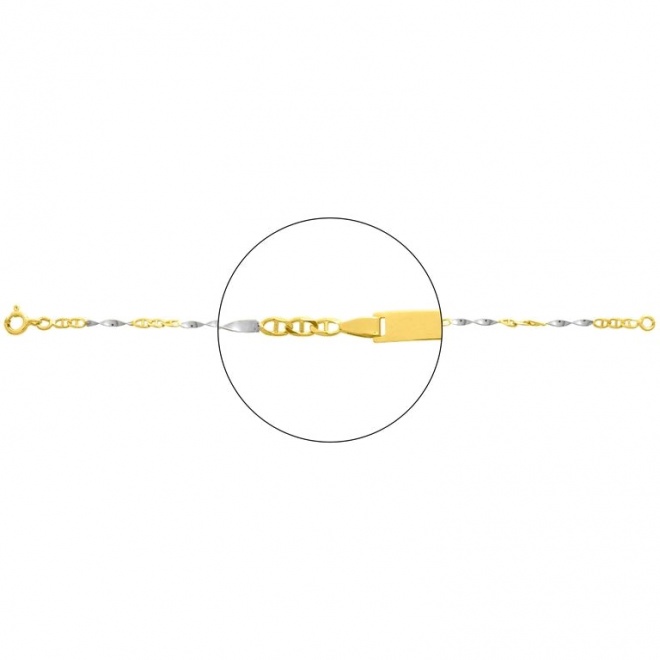 Pulsera infantil con placa recta de oro bicolor de 18 Kt, cadena marinera de 3 mm