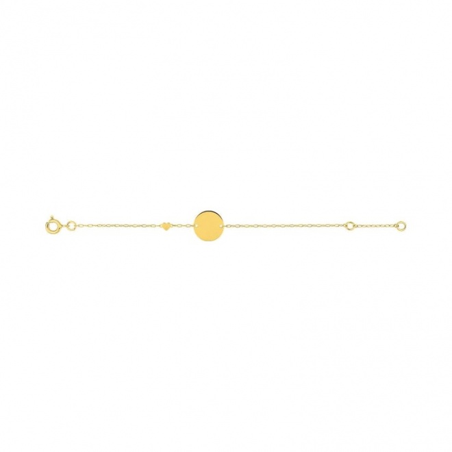 Pulsera infantil de oro amarillo, disco y corazón