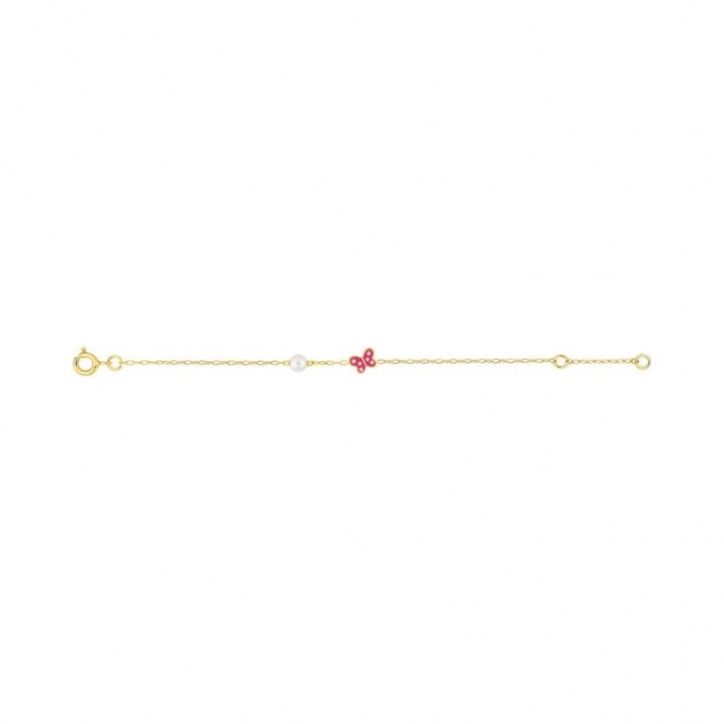 Pulsera infantil de oro amarillo con esmalte y perla, mariposa