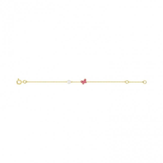 Pulsera infantil de oro amarillo con esmalte y perla, mariposa