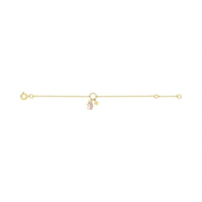 Pulsera infantil de oro amarillo con esmalte, unicornio y estrella