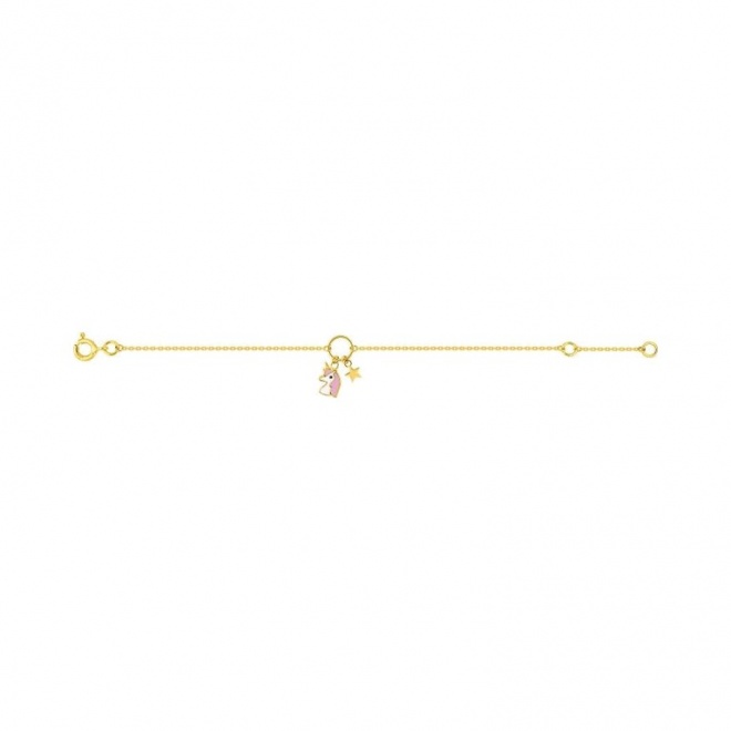 Pulsera infantil de oro amarillo con esmalte, unicornio y estrella