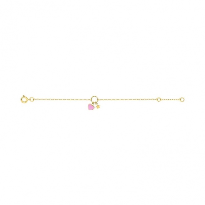 Pulsera infantil de oro amarillo con esmalte, corazón y estrella