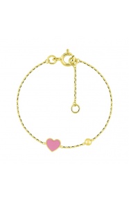 Pulsera infantil de oro amarillo con esmalte, corazón y bolita