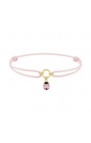 Pulsera infantil de oro amarillo y cordón rosa, mariquita esmaltada