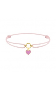 Pulsera infantil de oro amarillo y cordón rosa, corazón esmaltado