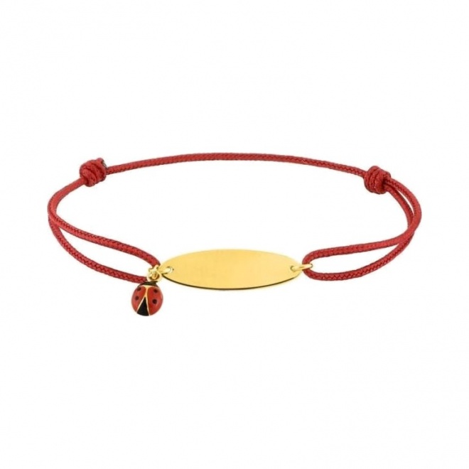 Pulsera infantil con placa de oro amarillo y cordón rojo, mariquita esmaltada