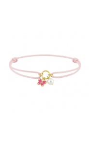 Pulsera infantil de oro amarillo y cordón rosa, mariposa esmaltada y perla