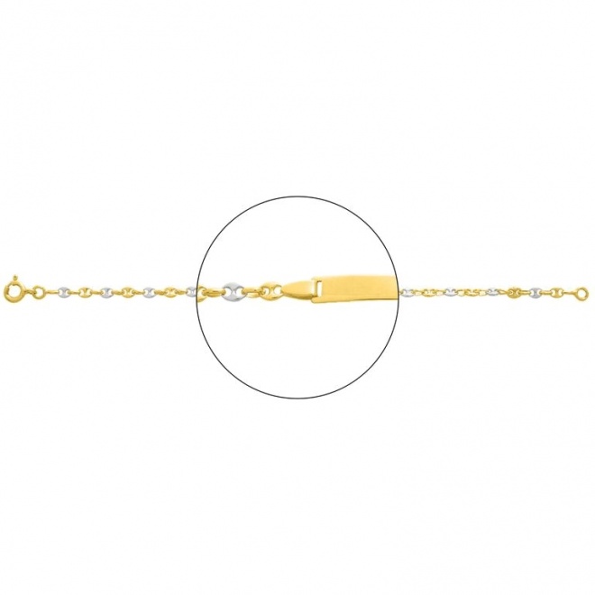 Pulsera infantil con placa recta de oro bicolor de 18 Kt, cadena grano de café de 2 mm